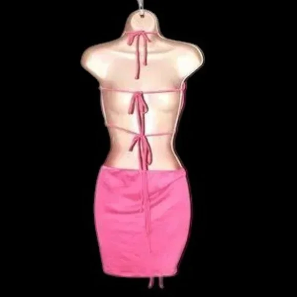 NWOT May Pink Mini Skirt Set Halter Top Ruched Skirt 2PC - Picture 2 of 10